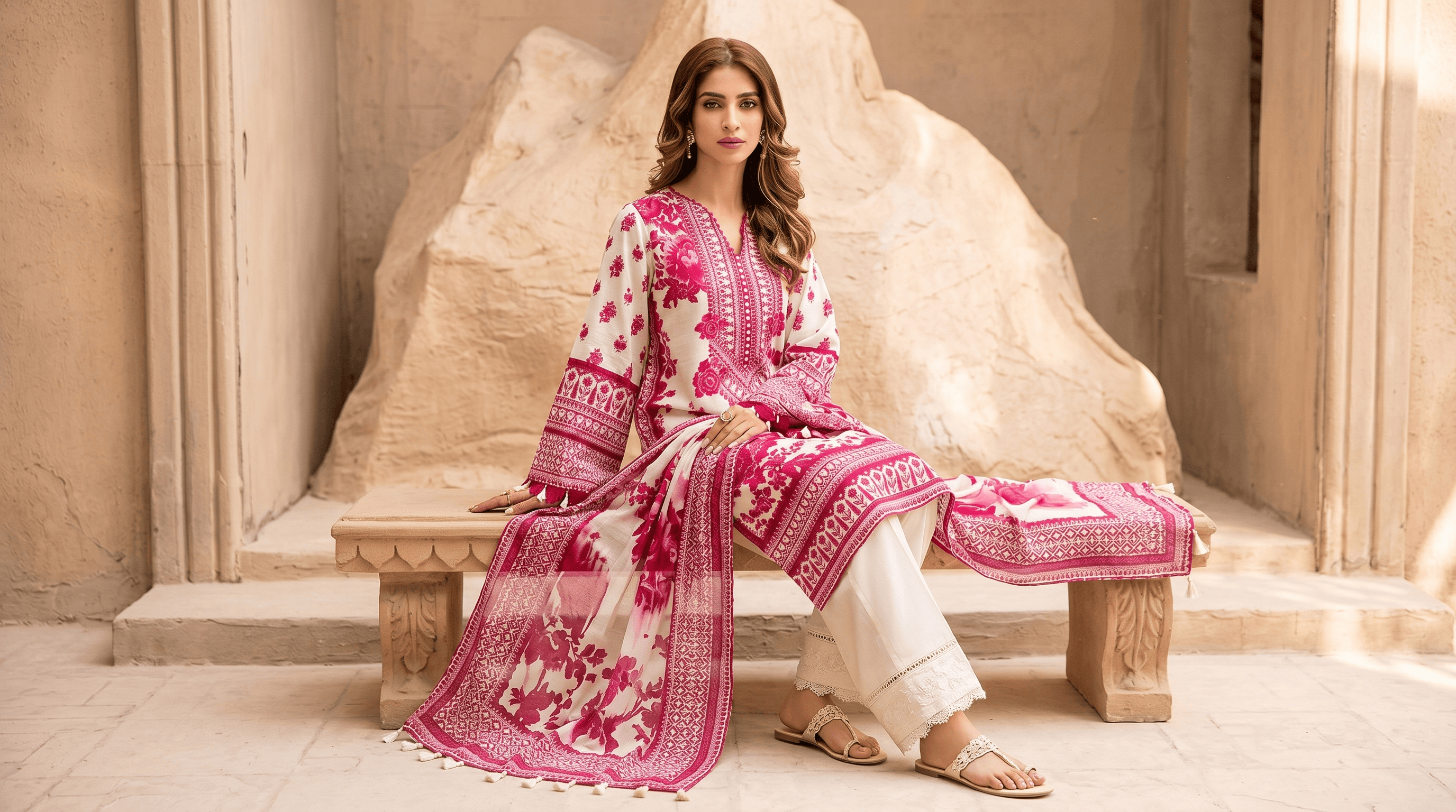 ✨ GUL AHMED – ELEGANT PINK FLORAL PRINTED LAWN 3-PIECE SUIT ✨